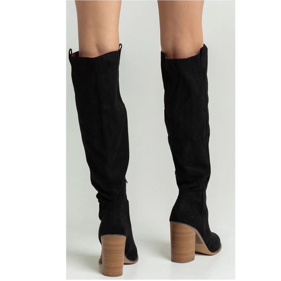 Black faux Suede chunky heel Knee high Boot - Picture 5 of 8